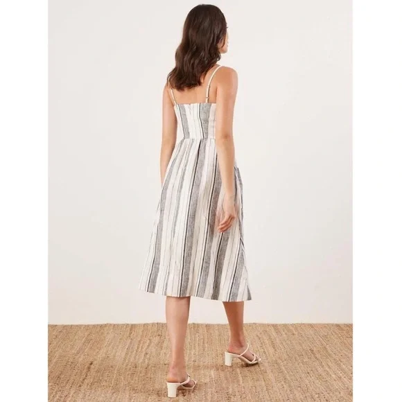 Perfect Linen Reformation Ellen Striped Lace-Up Midi Dress Feminine Flattering - Picture 4 of 6